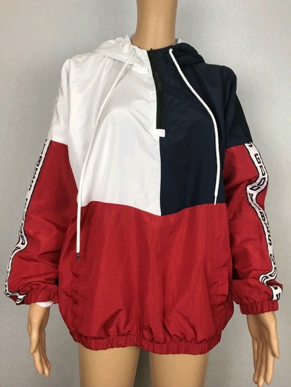 Stella Tweed Woman M Windbreaker Hoodie/Top ColorBlock Red White Blue 3/4 ZIP
